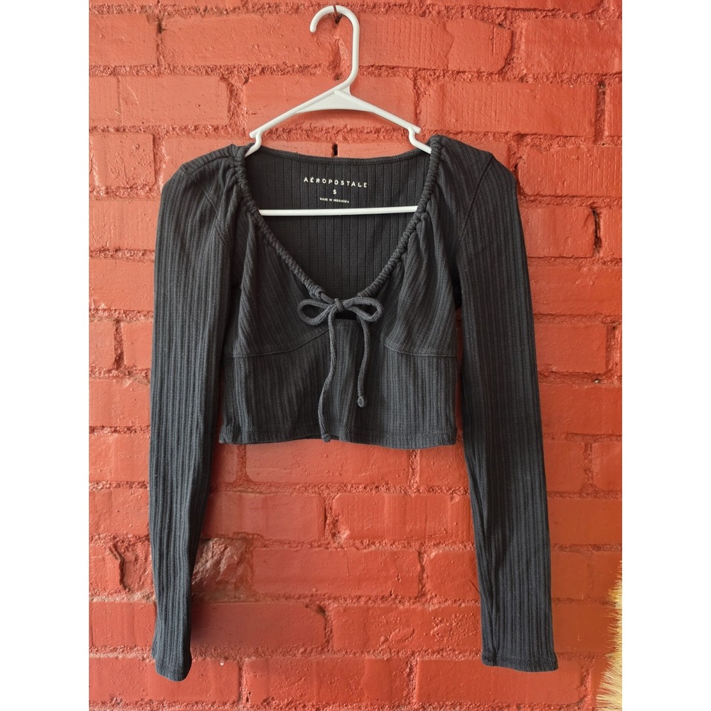 Aeropostale Black Ribbed Crop Top S Tie Front Long Sleeve Y2K Coquette...